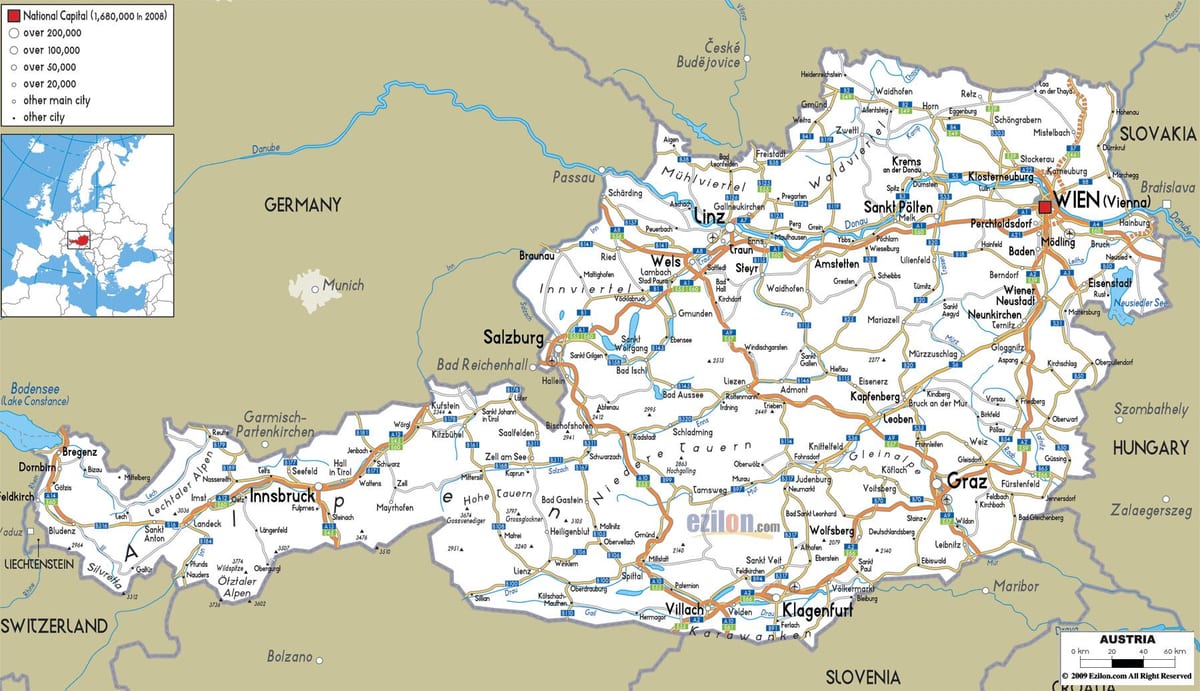 mappa di austria con la città